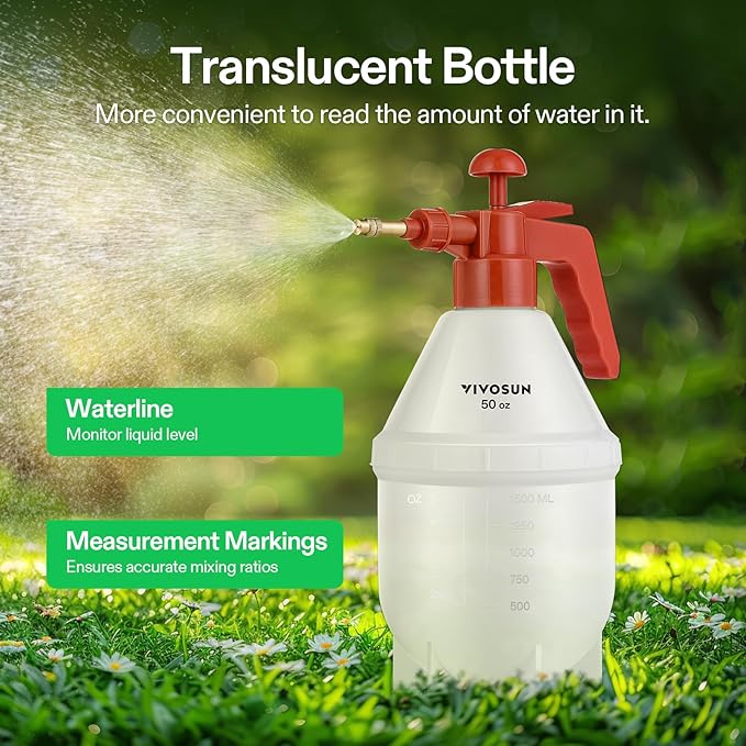 VIVOSUN 50oz Pump Sprayer, Handheld Garden Water Sprayer Bottle with Adjustable Brass Nozzle, for Spraying Plants, Flowers, Weeds and Cleaning, Red