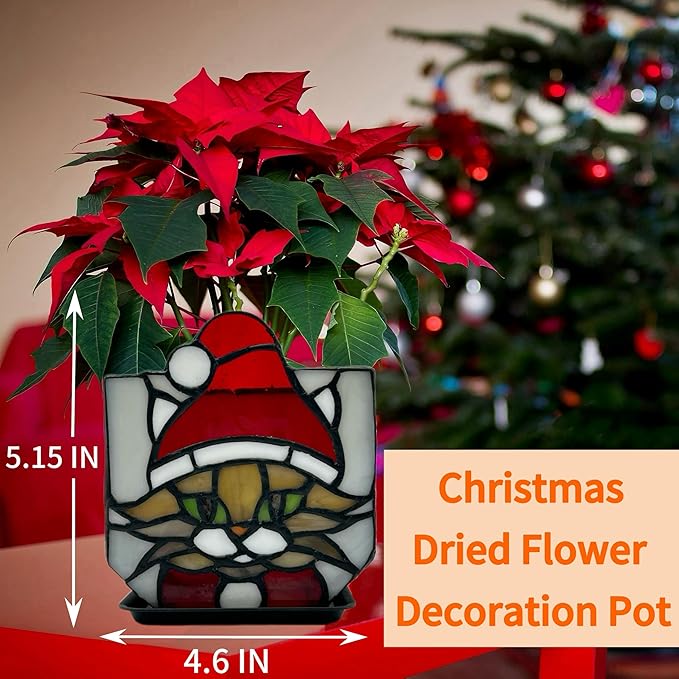 Stained Glass Christmas Cat Planter，Cute Planters for Indoor Plants,Decorative Plant Pots,Christmas Candle Holder,Plant Lady Gifts