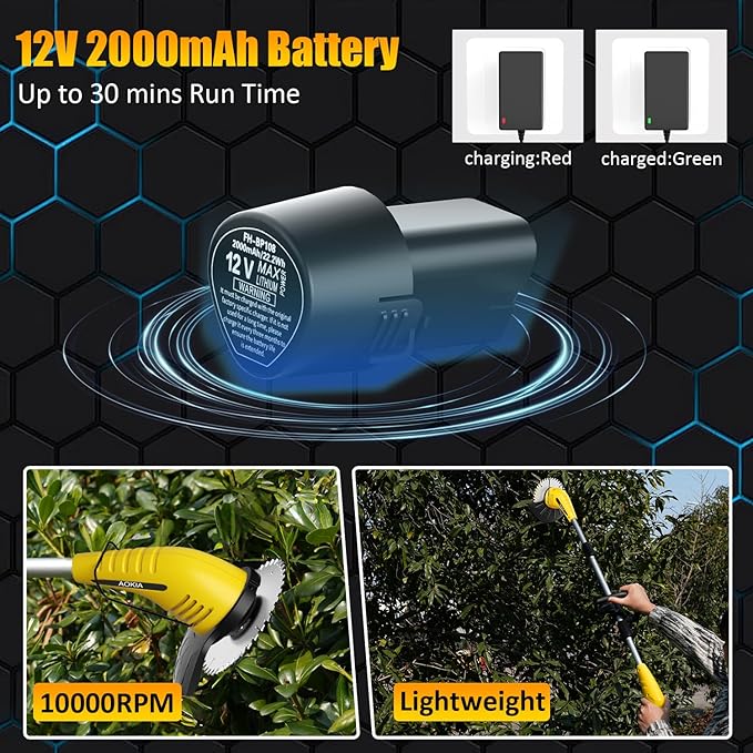 Aokia Cordless Weed Wacker：String Trimmer with 12V Battery Operated - Lightweight Lawn Trimmer, Electric Grass Trimmer Edger with 2 Blades and Extension Rod for Lawn Yard, Yellow