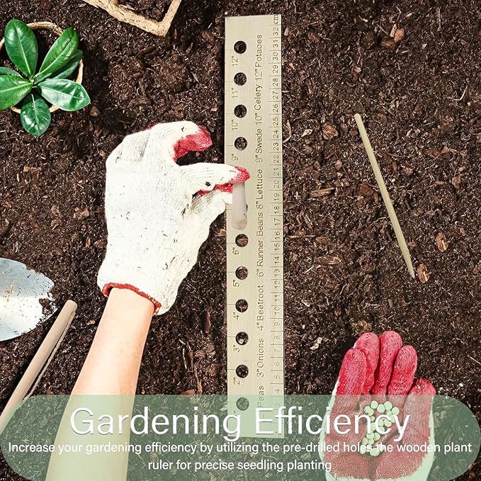 Garden Seed Spacer Planting Ruler, Precision Seed Spacer & Ruler with Holes and Plant Dibber, Wooden Measuring Tool for Seedlings, Vegetable Planting Template