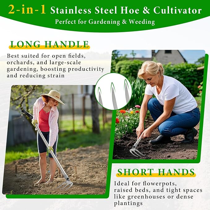 Garden Hand Cultivator Rake: 50inch Long Handle Hoe Garden Tool with Ergonomic D Grip, Heavy Duty Iron 3-Tine Tiller Rakes for Gardening,Cultivating, Planting, Digging, Weeding