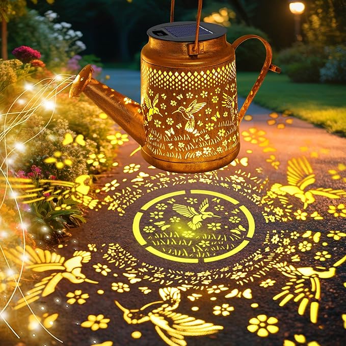 VOOKRY Solar Lights Outdoor Waterproof, Hummingbird Retro Metal Solar Watering Can Lights, Birthday Gifts for Women Mom Grandma Christmas Hanging Garden Decor Yard Light for Outside Patio Lawn Porch