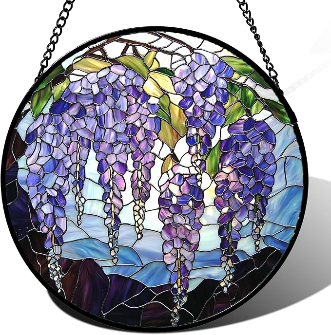 Stained Glass Window Hanging, Purple Wisteria Flowers Suncatcher for Doors Window Home Plant Sun Catchers Decoration Mother's Day Birthday Gifts for Women, Men, and Mom 6.3x6.3 in