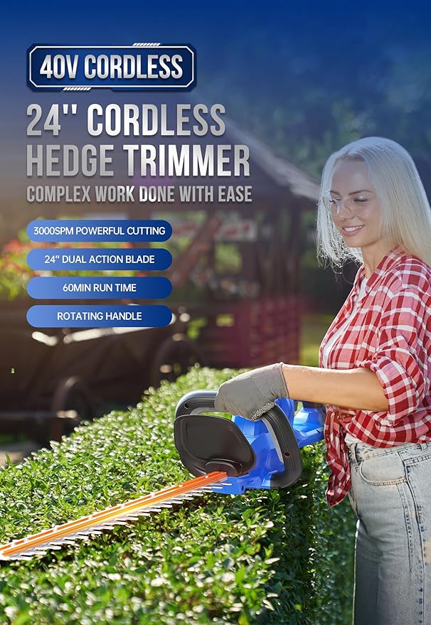 Wild Badger Power Hedge Trimmer 40V 24” Cordless, Powerful Electric Hedge Trimmer, 2.0Ah Battery and Charger Included