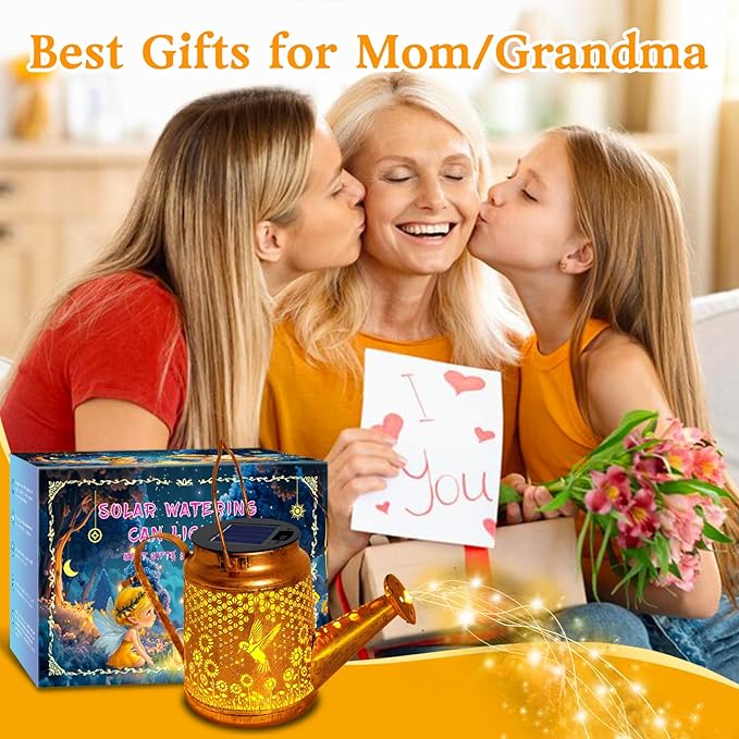 Hummingbird Solar Lights Outdoor Waterproof, Birthday Gifts for Christmas Mom Grandma Women, Solar Watering Can Lights with Shepherd Hook, Metal Hanging Lantern Garden Decor Yard Outside Patio Lawn