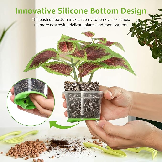 MIXC Thickened Clear Nursery Pots with Silicone Base for Easy Transplant 30 Packs 4 Inch, Transparent Plant Pot Reusable Seedling Pots for Vegetable Propagation, Root Cutting, Seed Starting, Green