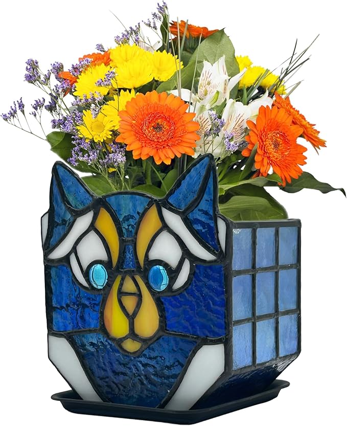 Cat Stained Glass Planter, Flower Pots for Indoor Plants,Cat Plant Decor,Fun Plant Pots Gift 4.6x3x5.15 in(Excluding Plants)