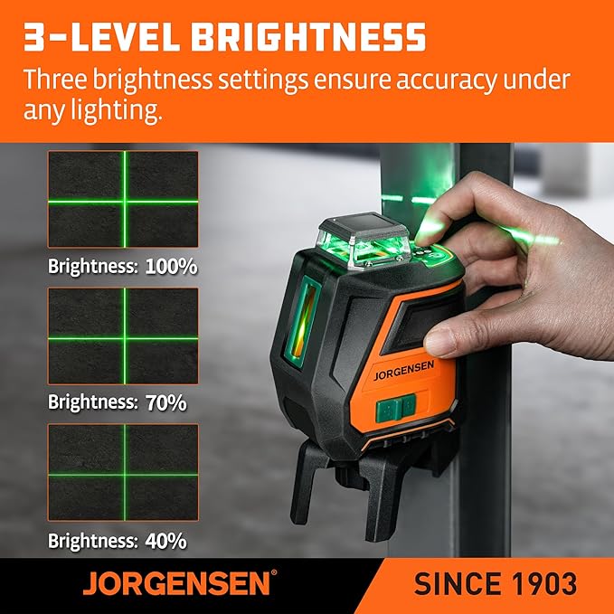 JORGENSEN 360° Laser Level with Tripod, 100 FT Rechargeable Self Leveling Cross Line Laser Leveler Tool with Magnetic Base, Wide Angle Green Laser Level for Picture Hanging, Floor Tile, Construction