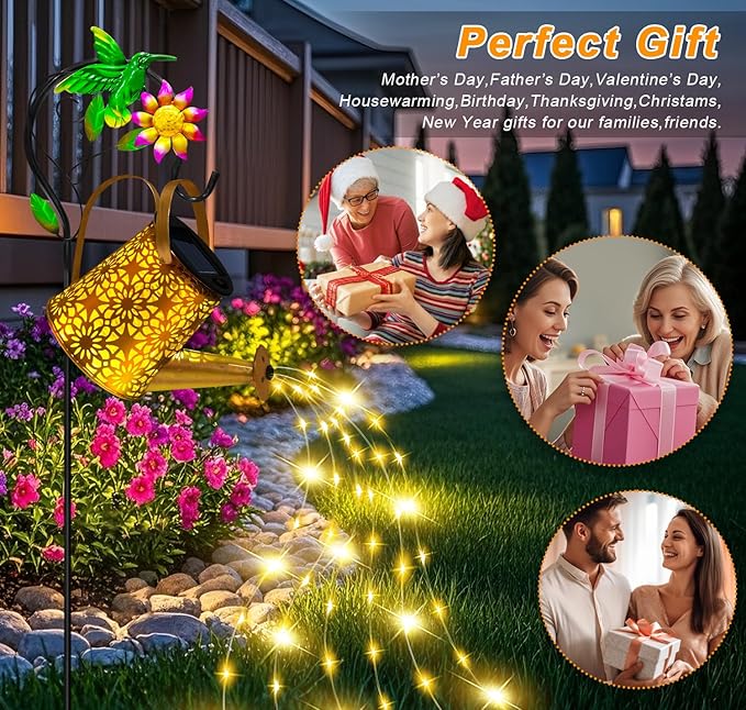 Solar Metal Watering Can with Hummingbird Shepherd Hook and Cascading Lights, Outdoor Solar Lantern for Garden, Yard, Patio Decor and Gardening Gifts for Women Mother's Day