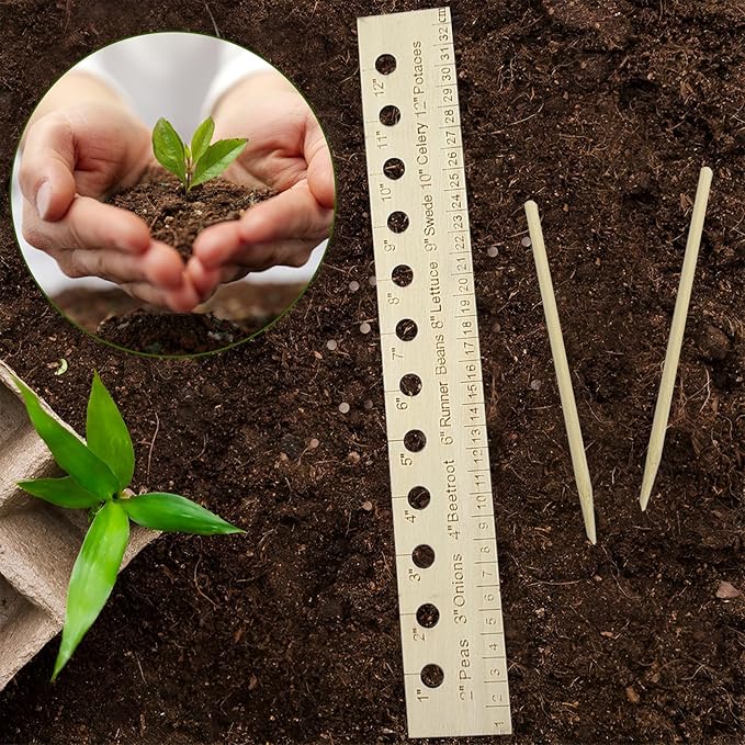 Garden Seed Spacer Planting Ruler, Precision Seed Spacer & Ruler with Holes and Plant Dibber, Wooden Measuring Tool for Seedlings, Vegetable Planting Template