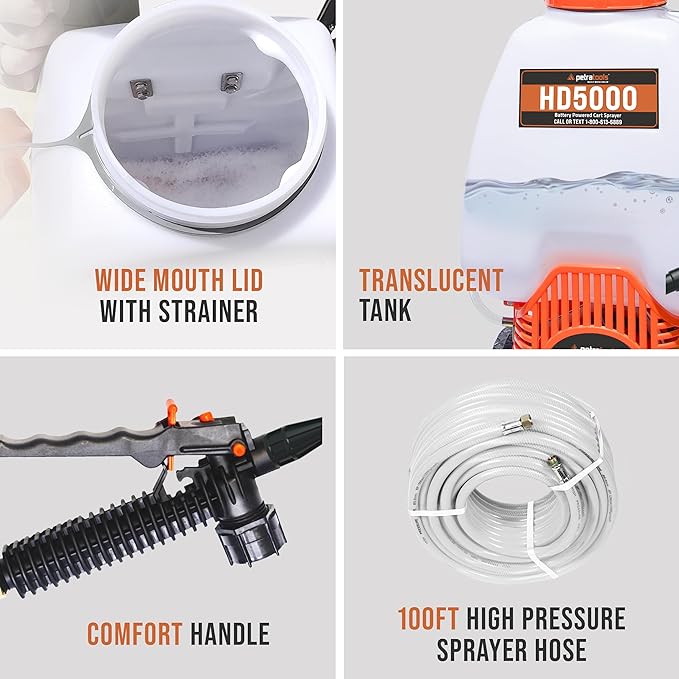 PetraTools Powered Backpack Sprayer with Custom Fitted Cart and 100 Foot Commercial Hose, 2 Hoses Included, Commercial Quality Heavy Duty Sprayer (6.5 Gallon Cart)