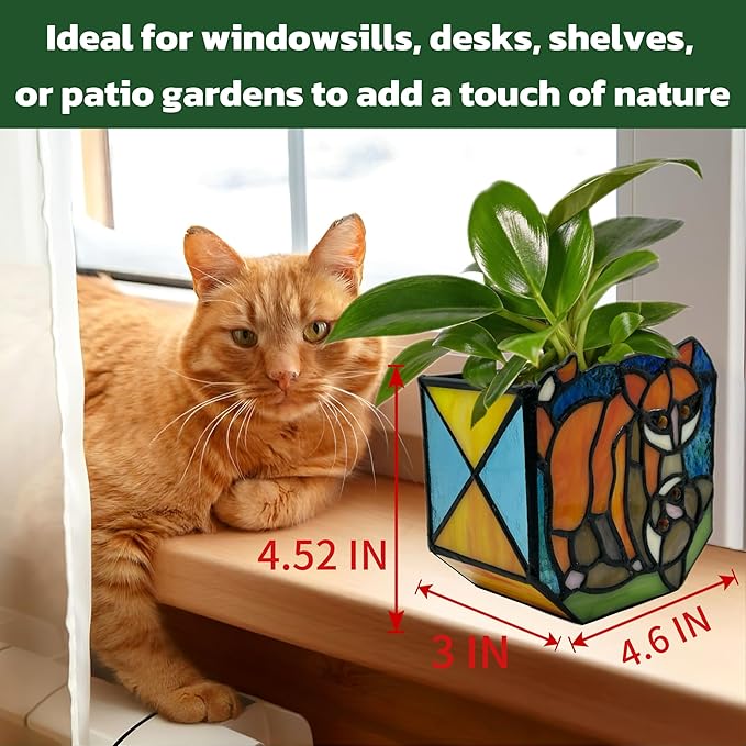 Stained Glass Naughty Cat Planter, Indoor Plant Pots with Drain,Handmade Tiffany Style,Small Candle Holder Decor,Plant Lover Gifts for Women,Gifts for Cat Lovers