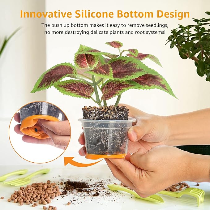 MIXC Thickened Clear Nursery Pots with Silicone Base for Easy Transplant 30 Packs 4 Inch, Transparent Plant Pot Reusable Seedling Pots for Vegetable Propagation, Root Cutting, Seed Starting, Orange