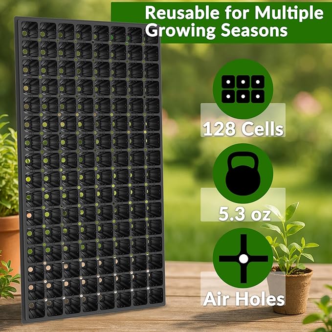 Gardzen 10 Pack 128 Cell Seed Starter Trays, 1.5" Deep Plug Tray for Seedlings, Durable Seedling Trays with Drainage Holes