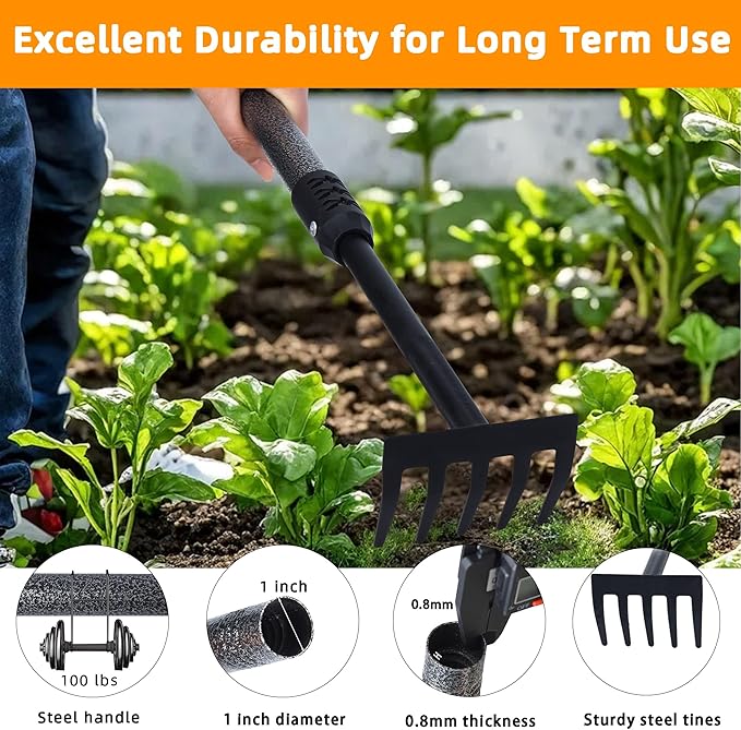 Hand Rake, Adjustable Handle Garden Small Rake Garden Tool, Heavy Duty Hand Tiller Cultivator with Soft Foam Grip, Mini Rakes for Weeding Tilling Soil Loosing Planting