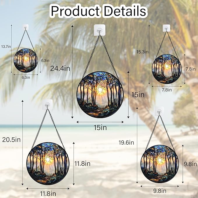 Stained Glass Window Hanging, Forest Sunrise Smoke Blue Brown Tree Suncatcher for Doors Window Home Landscape Sun Catchers Decor Mother's Day Birthday Gifts for Women, Men Mom 9.8 in