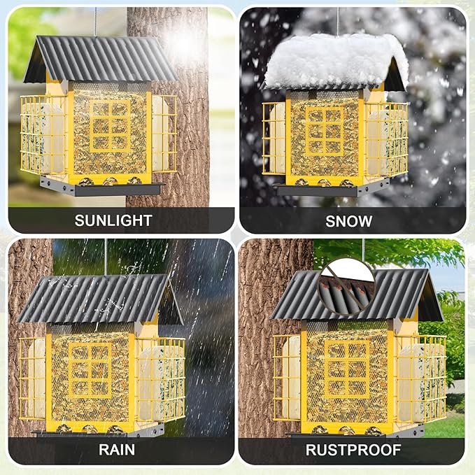 Bird Feeders for Outdoors Hanging, Metal Bird Feeder with Double Suet Cage Cake, Large Capacity, Birdfeeders Sturdy & Weatherproof, Easy to Clean & Refill, Great for Attracting Wild Birds