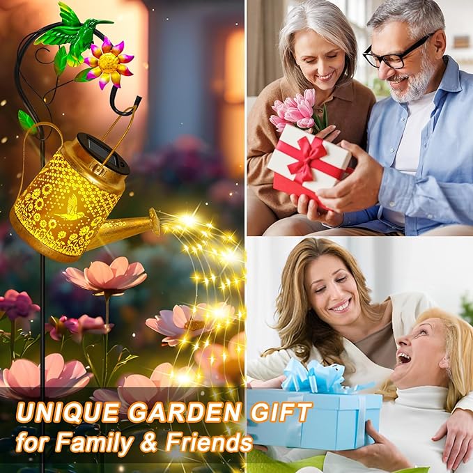 Christmas Gifts Hummingbird Solar Watering Can Lights, Outdoor Waterproof Garden Lanterns with Shepherd Hook, Solar Garden Decor for Yard Outdoor Landscape Pathway, Gift for Women Mom Grandma, 2 Pack