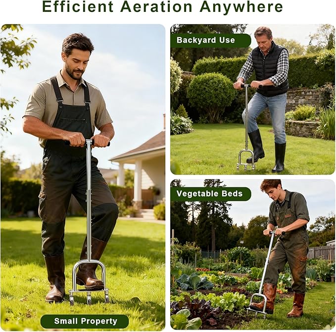 Manual Aerator Lawn Tool - Assembled Grass Aerator with 3 Hollow Tine, for Yard & Lawn Aeration(Hollow Tine Non-Replaceable)