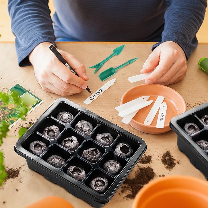 6 Pack Seed Starter Tray Kit with Grow Light and Humidity Dome Germination Trays with 72 Peat Pellets, Plant Labels, Gardening Tools, Plant Growing Trays for Seeds Growing Starting, Black