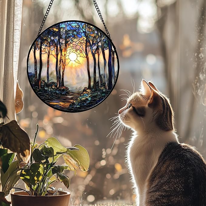 Stained Glass Window Hanging, Forest Sunrise Smoke Blue Brown Tree Suncatcher for Doors Window Home Landscape Sun Catchers Decor Mother's Day Birthday Gifts for Women, Men Mom 9.8 in