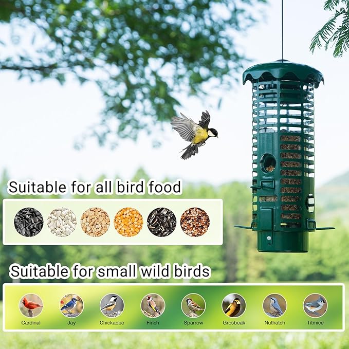 Squirrel Proof Bird Feeder Metal Mesh for Outdoors Hanging,Weight Activated Weatherproof Wild Bird Feeders with Finch Cardinal Chickadee,Large Capacity(Green)