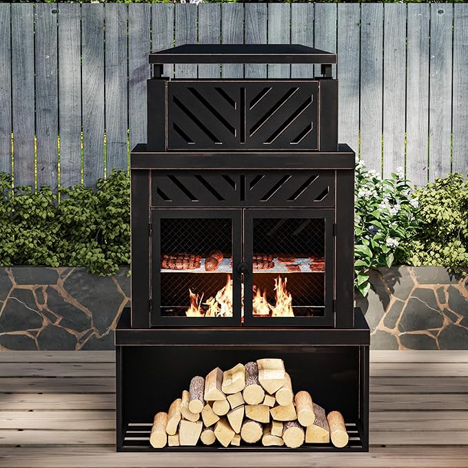 Outdoor Fireplace with Chimney and Wood Storage, Metal Wood Burning Fire Pit with Heat Resistant Gloves, Fire Poker and Grill Mesh, Outside Fireplace for Patio, Garden and Deck, Black