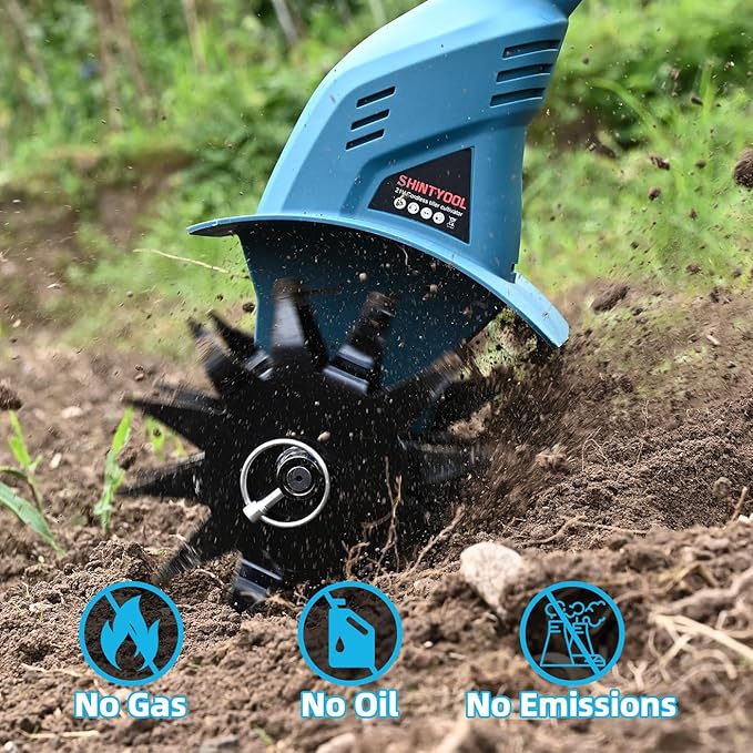 21v Cordless Tiller, 8-Inch Wide 4.0 Ah Battery Powered Garden Cultivator, Cultivator with Steel Tines and Battery Capacity Display, Rototiller for Lawn/Gardening/Soil Cultivation (Blue) by Shintyool