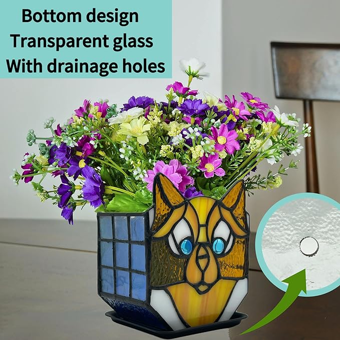 Stained Glass Yellow Cat Planter, Indoor Plant Tabletop Plant Display, Yellow Cat Small Plant Pot, Terrarium Decor, Decor Gift 4.6x3x5.15 in