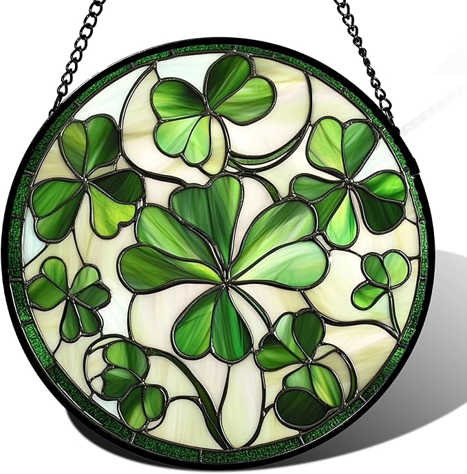 Stained Glass Window Hanging - Ireland Green Lucky Clover Suncatcher for Doors Garden St. Patrick's Day Sun Catchers Decor Mother's Day Birthday for Women Men Mom Nana 15 in