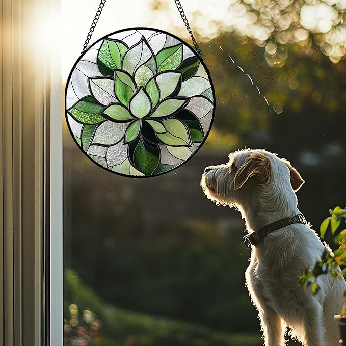 Stained Glass Window Hanging - Ireland Green Plants Suncatcher for Doors Garden Succulent Sun Catchers Decor Mother's St. Patrick's Day Birthday for Women Men Mom Nana 9.8 in