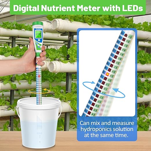 Digital Conductivity Tester PPM EC Meter Truncheon Nutrient Meter with Light Indicator for Hydroponics and 1413μS/cm Calibration Solution for EC Tester Hydroponics Meter 4 Bottles of 50mL