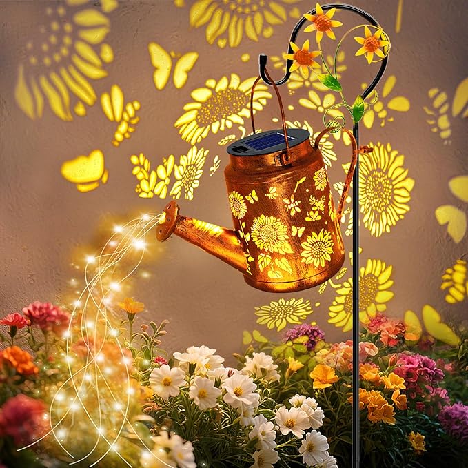VOOKRY Solar Lights Outdoor Waterproof, Sunflower Metal Solar Watering Can Lights, Birthday Gifts for Women Mom Grandma Christmas, Hanging Garden Decor Yard Light for Outside Patio Lawn Porch