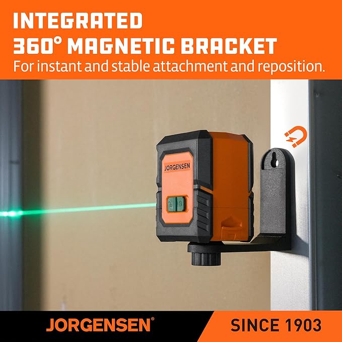 JORGENSEN Laser Level with Tripod, 100 FT Dual Modules Self Leveling Cross Line Laser Leveler Tool with 360° Magnetic Base, Green Laser Level for Picture Hanging, Tile, Home Renovation, Indoor Project