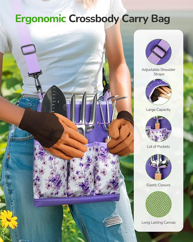 All-in-One Garden Tool Set, 11-Piece Heavy Duty Gardening Tools with Ergonomic Canvas Shoulder Crossbody Bag, Rust-Proof Premium Garden Tool Kit, Gardening Gift for Women Men (Purple)