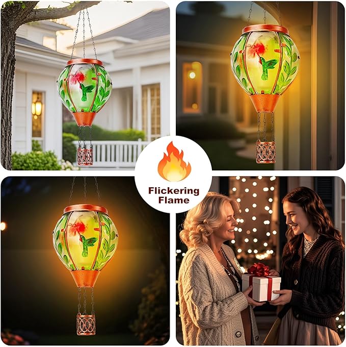 Hummingbird Solar Hot Air Balloon Lantern,Outdoor Decor with Flame Lights Waterproof, Hanging Lights for Garden Yard Lawn Patio, Unique Gifts for Women Mom Grandma Gardener for Mother'Day