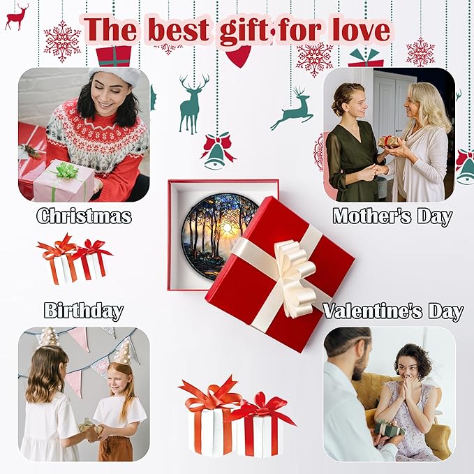 Stained Glass Window Hanging, Forest Sunrise Smoke Blue Brown Tree Suncatcher for Doors Window Home Landscape Sun Catchers Decor Mother's Day Birthday Gifts for Women, Men Mom 9.8 in