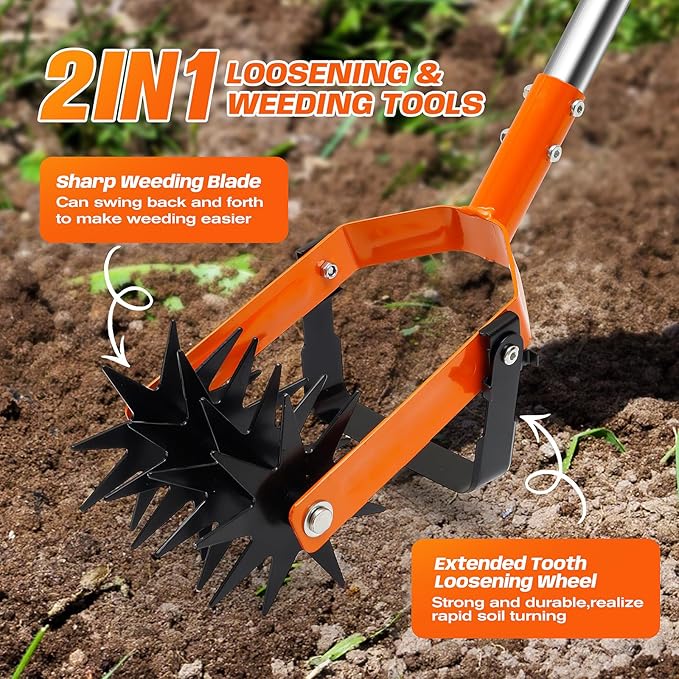72 Inch Rotary Cultivator Tool, Hand Tiller for Gardening, 2-in-1 Garden Cultivator with Adjustable Handle for Loosening Soil and Weeder