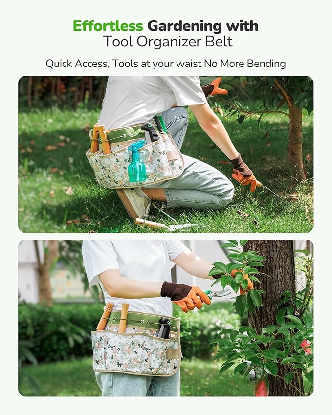 All-in-One Garden Tool Set with Tools Organizer Belt Adjustable, 10-Piece Gardening Hand Tools, Long Lasting Rust-Proof Premium Garden Tool Kit, Gardening Gift for Women Men (Green)