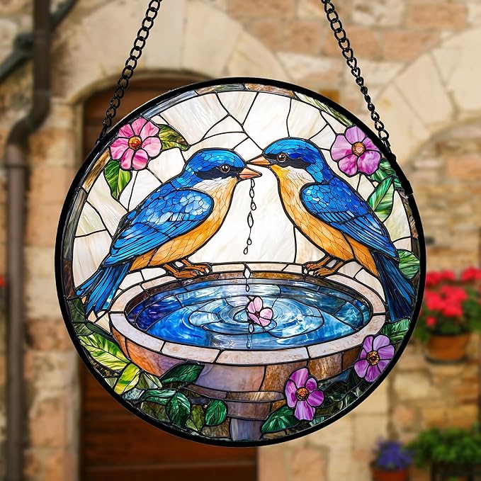 Stained Glass Window Hanging, 2 Blue Birds Suncatcher Diamond Glass Panel Hangings Bird Lover Sun Catchers Decor for Birthday for Women, Men, Wife, Aunt, and Mom 7.8 in
