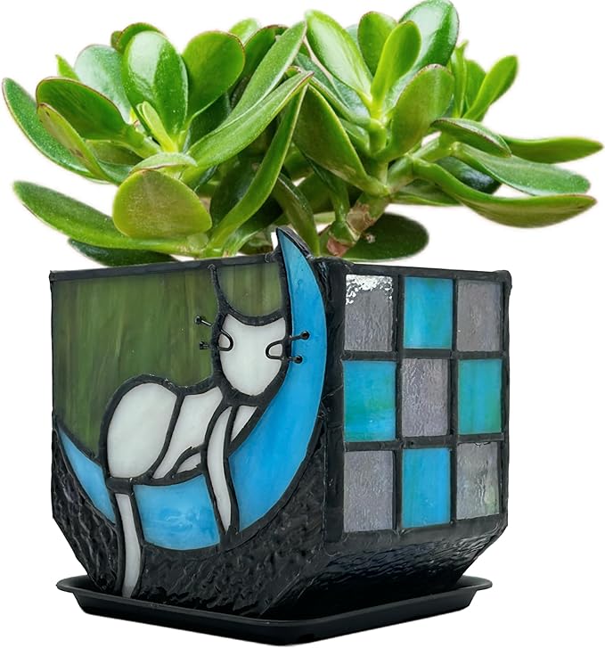 Tiffany Stained Glass Funny Moon Sleeping Cat Planter,Flower Pots for Indoor Plants,Plant Pot with Drainage,Cute Grey Cat Plant Pots,Gifts for Plant Lovers,4.6x3x5.15 in