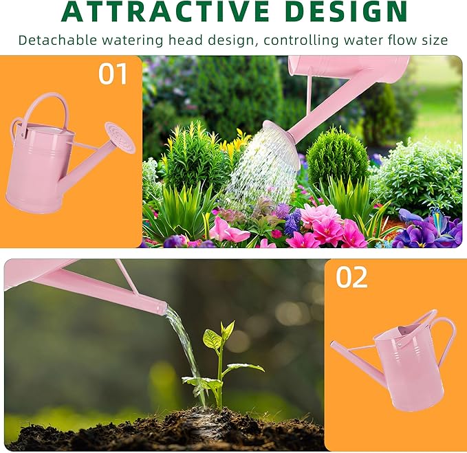Metal Watering Can for Outdoor Plants, 2 Gallon, Garden Watering Can for Flower, Houseplants (Pink)