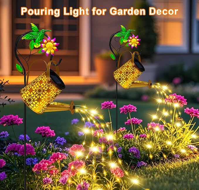 Solar Metal Watering Can with Hummingbird Shepherd Hook and Cascading Lights, Outdoor Solar Lantern for Garden, Yard, Patio Decor and Gardening Gifts for Women Mother's Day