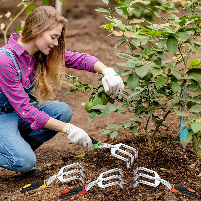 12 Pcs Hand Rake Garden Tool Mini Heavy Duty Garden Cultivator 11 Inch Small Rake Gardening Aluminum Alloy Hand Tiller with Handle for Digging Weeding Loose Soil (Red,Orange,Yellow,Green)