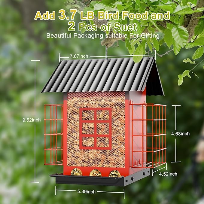 Bird Feeders for Outdoors Hanging, Metal Bird Feeder with Double Suet Cage Cake, Large Capacity, Birdfeeders Sturdy & Weatherproof, Easy to Clean & Refill, Great for Attracting Wild Birds