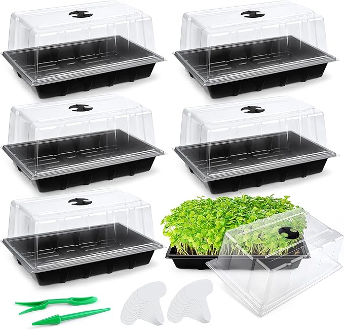 6 Packs Seed Starter Tray Kits with Humidity Dome, Plastic Germination Growing Trays with Plants Labels, Planting Tools for Seeds Growing Starting, Germination and Seedling Propagation
