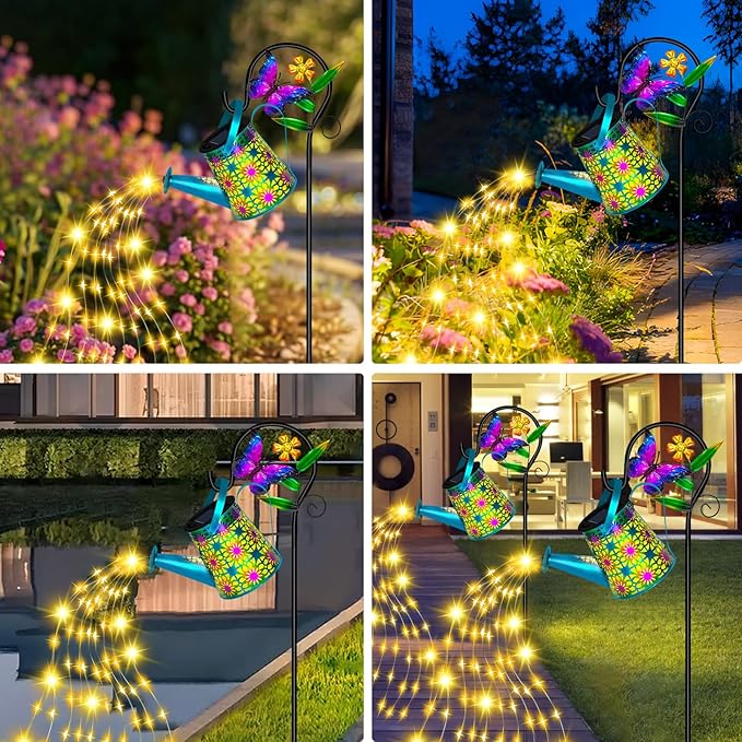 Solar Watering Can with Lights, Waterproof Solar Lantern with Butterfly Shepherd Hook, Hanging Garden Lights for Patio Yard Lawn Porch Outdoor Decoration 2 Pack