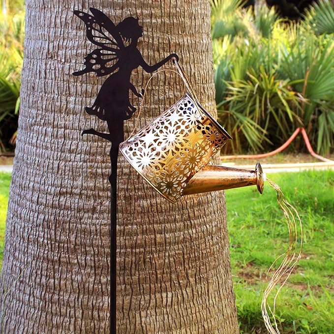 2Pack Solar Watering Can Lights,Waterproof Hollowed-Out Retro Metal Outdoor Lights with Fairy or Gnomes Accessories,Gifts for Mom Grandma Women Garden Patio Pathway Christmas Decor(Angel 2 Style)