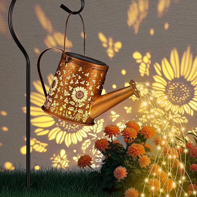 Solar Watering Can Light, Solar Powered Hanging Lantern Landscape Lights, Decorative Garden for Yard Waterproof Garden Decor, Gifts for Mom, Grandma（Sunflower + Bee）