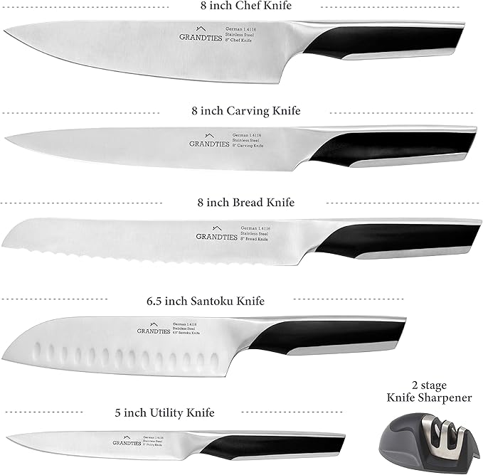 GRANDTIES 7-Piece Professional Kitchen Knife Set with Block, Kitchen Knives Sharpener | High Carbon German Stainless Steel, Ultra Sharp Chef Knife Set, Ergonomic Handle, Paring Knife, Carving